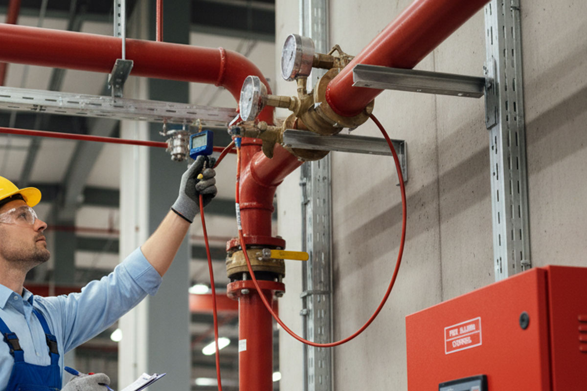Technician testing pressure gauges on a red fire sprinkler riser