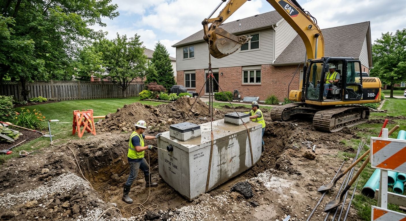 Crew in safety vests guiding a concrete septic tank into place with an excavator at a Virginia home